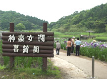 神楽女湖の花菖蒲の開花時期には多くの見学者が訪れる