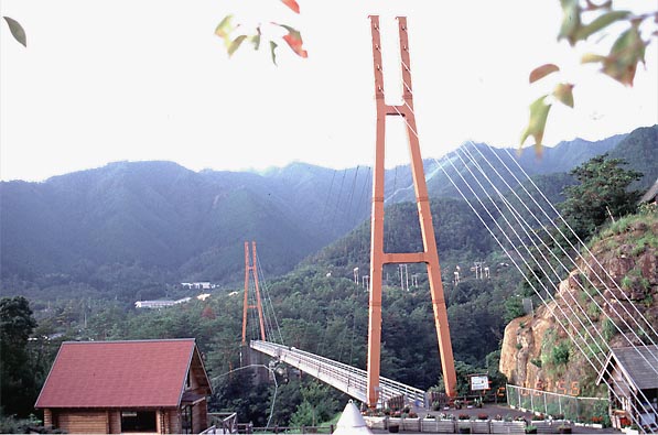 「すきむらんど大吊橋」は歩道橋としての斜張橋では日本一の長さ155mである