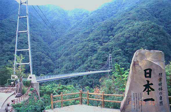 綾の照葉大吊橋は九州中央山地国定公園の照葉樹林帯の本庄川に架る吊橋