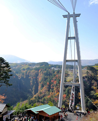 鳴子川渓谷に架かる九重夢大吊橋と奥は振動の滝（雄滝）