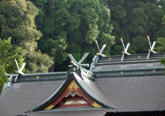 屋根の上の「千木」は水平にカットされているのは男の神様を祀っています