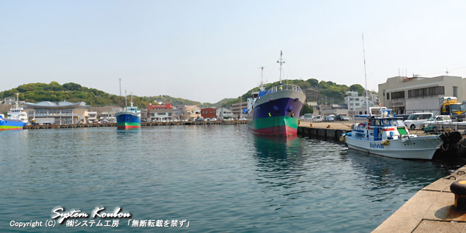 貨物船が多く停泊している印通寺港（西の港）