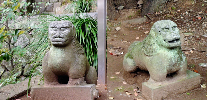 八坂神社の石造狛犬一対　（諏訪神社御鎮座いらい置かれていたと思われる古い狛犬）
