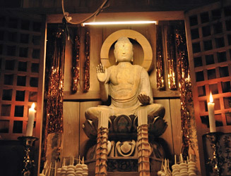 講堂の中の薬師如来坐像（市指定有形文化財）鎌倉初期の作で文政６年（1823年）に修理されている