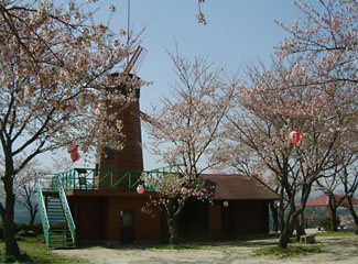 山香温泉・風の郷近くの甲尾山の風車と満開の桜