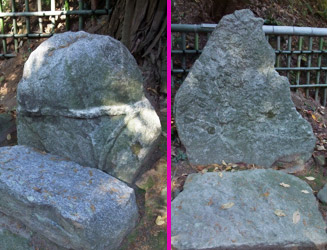 熊野神社の脇にある陰陽石（左：陽石、右：陰石）