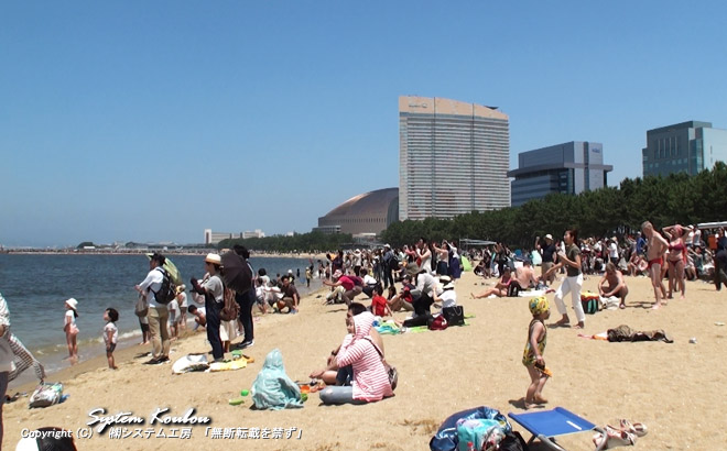 「ブルーインパルス」の展示飛行を見るために多くの人が集まった百道浜