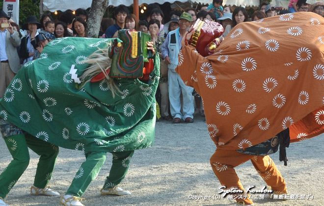 獅子楽（ししがく）は県無形文化財に指定されており、春秋の大祭としょうぶ祭りでのみ舞われる
