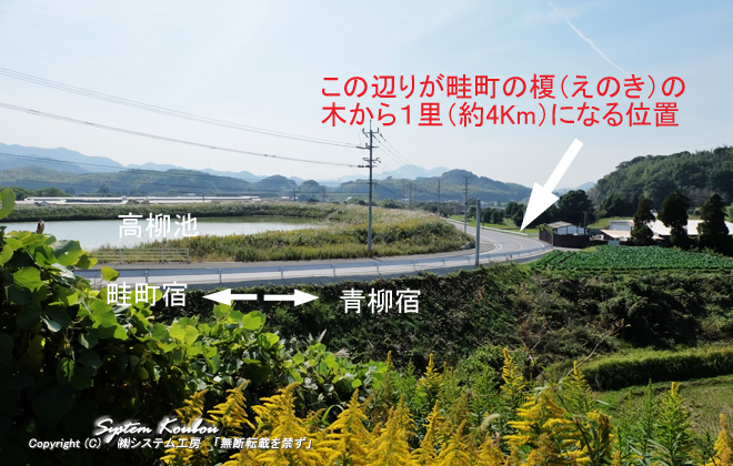 １里「青柳宿」方面に行った地点はこの辺り（古賀清掃工場エコロの森の近く）　※場所はここ（中央”＋”付近）