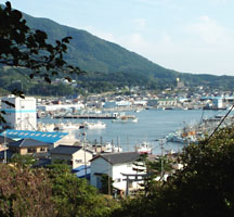 織幡神社の参道途中から見える鐘崎漁港